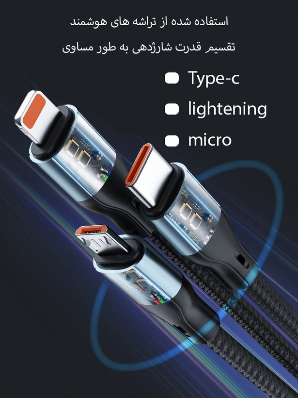 شارژر فندکی ماشین مدل ML-114 + کابل سه کاره با نمایشگر ( فست شارژ 100 واتی ) ، گارانتی دار
